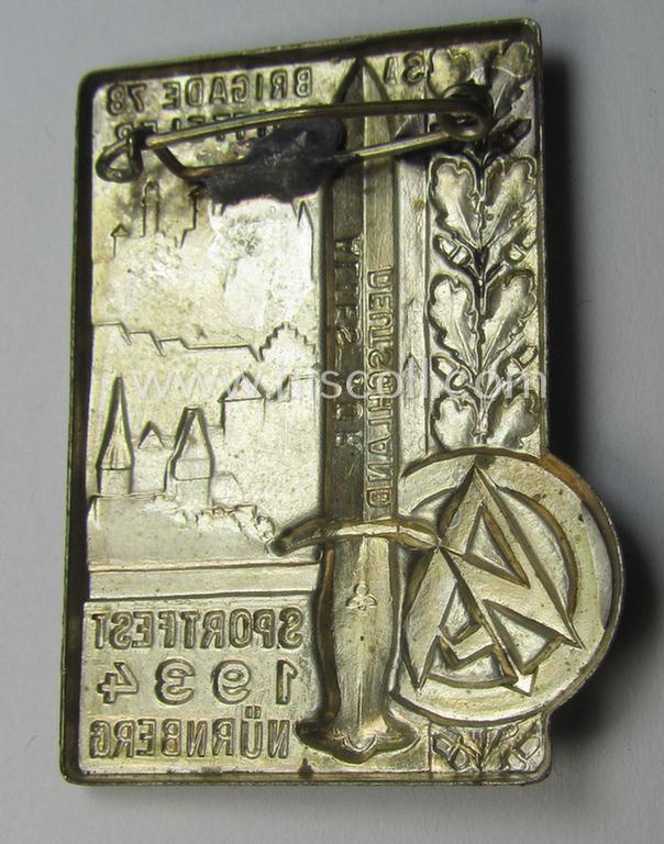 SA- (ie. 'Sturmabteilungen'-) related 'tinnie' being a non-maker-marked example showing an SA-dagger and text: 'Brigade 78 Mittelfr. - Sportfest 1934 - Nürnberg'