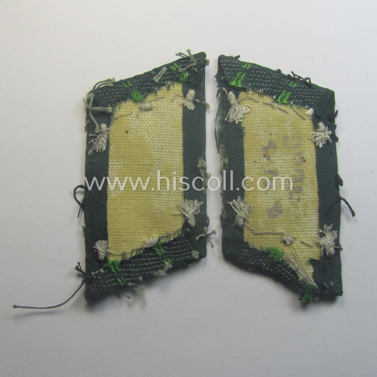 Clearly used and tunic-removed pair of WH (Heeres) (later-war-pattern) officers'-type collar-tabs (ie. 'Kragenspiegel für Offiziere') as executed in 'BeVo'-weave pattern as was intended for an officer serving within the: 'Panzer-Grenadier-Trpn.'