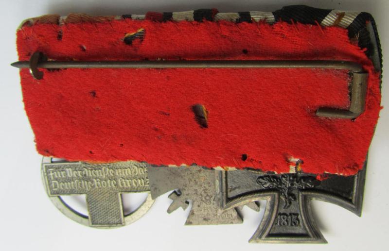 Attractive, WWI- (ie. TR-) period so-called: 'Ordenspange' (being of the non-'detachable-pattern') showing resp. an: 'EK II. Kl.'. a: 'FKK 1914-18 mit Schw.' and a (scarcely seen!): 'DRK-Ehrenzeichen des 3. Modell'