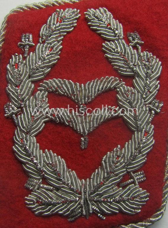 Pair of neatly hand-embroidered, WH (Luftwaffe) officers'-type collar-patches as executed in bright-red-coloured wool as was intended for usage by an: 'Oberstleutnant der Flak-Artillerie-Trpn.'