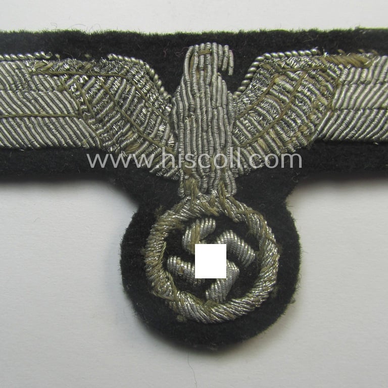 Clearly used- and/or worn, WH (Heeres) Panzer-related officers'-type, hand-embroidered breast-eagle (ie. 'Brustadler für Offiziere') as was intended for usage onto the 'wrap-around', officers'-pattern tunics