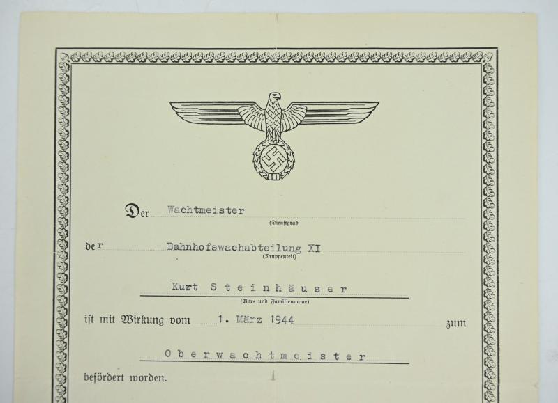 German WH Streifendienst Rank Promotion Certificate