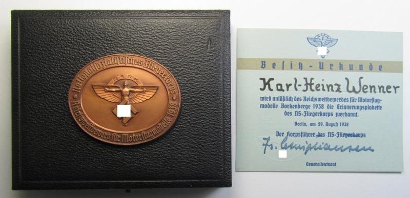 Superb, 'NSFK'-related commemorative-plaque (ie. 'Erinnerungs- o. nichttragbare Plakette') entitled: 'Reichswettbewerb für Motorflugmodelle 1938' that comes with its accompanying award-document and dito etui