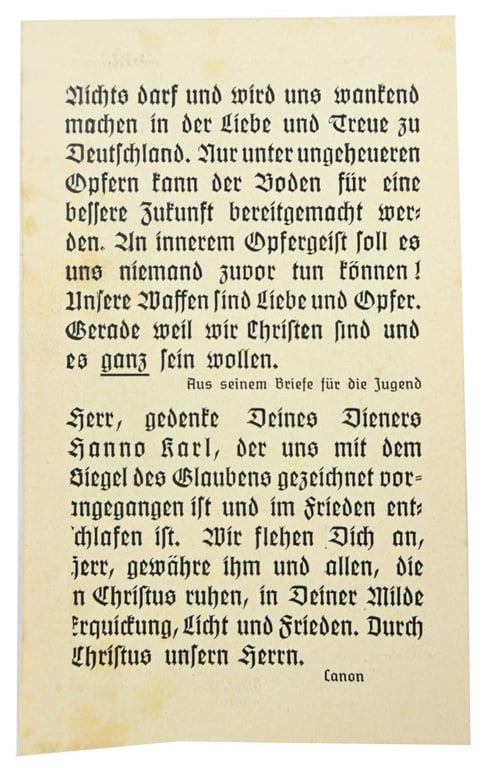 German WH Deathcard 'Chaplain Hanno Karl Otto Reither'