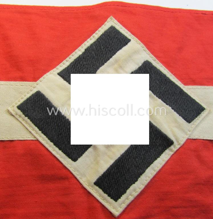 Attractive - and nowadays scarcely found! - 'standard'- (ie. partly-woven-) pattern, orange-red-coloured HJ- (ie. 'Hitlerjugend'-) related armband (ie. 'Armbinde') being a moderately worn- ie. used example that regrettably misses its 'RzM'-et...