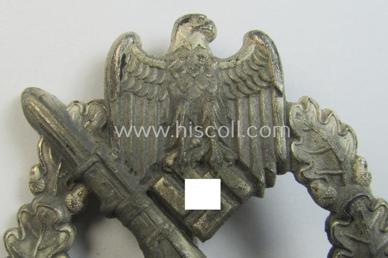 Neat, 'Infanterie-Sturmabzeichen in Silber' being a non-maker-marked-, 'hollow-back'- and/or zinc- (ie. 'Feinzink'-) based specimen of the so-called: 'egg-head'-pattern (as presumably produced by the 'Hersteller' ie. maker: 'Gustav Brehmer...