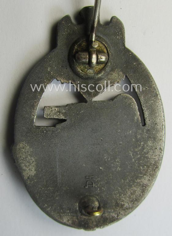 'Panzerkampfabzeichen in Silber' being a neatly maker- (ie. 'HA'-) marked- and/or typical zinc- (ie. 'Feinzink'-) based specimen as was produced by the desirable 'Hersteller' (ie. maker): 'Hermann Aurich'