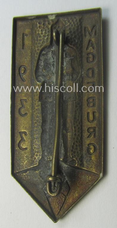 HJ- (ie. 'Hitlerjugend'-) related day-badge (ie. 'tinnie' or: 'Veranstaltungsabzeichen') as was issued to commemorate a HJ-related event and that is simply entitled: 'Magdeburg 1933'