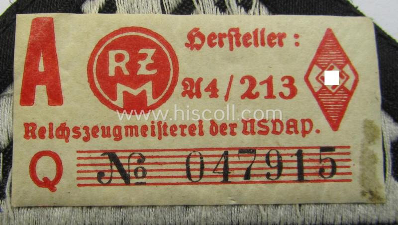 Neat, 'HJ' ('Hitlerjugend') ie. 'BDM' ('Bund Deutscher Mädel') district-triangle (ie. 'Gebietsdreieck') entitled: 'Südost Steiermark' (being a 'virtually mint' example that retains its period-attached, paper-based so-called: 'RzM'-eti...