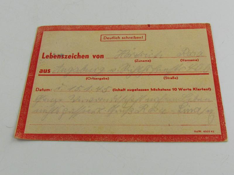 Sign of Life Card from Augsburg, Dated 1945