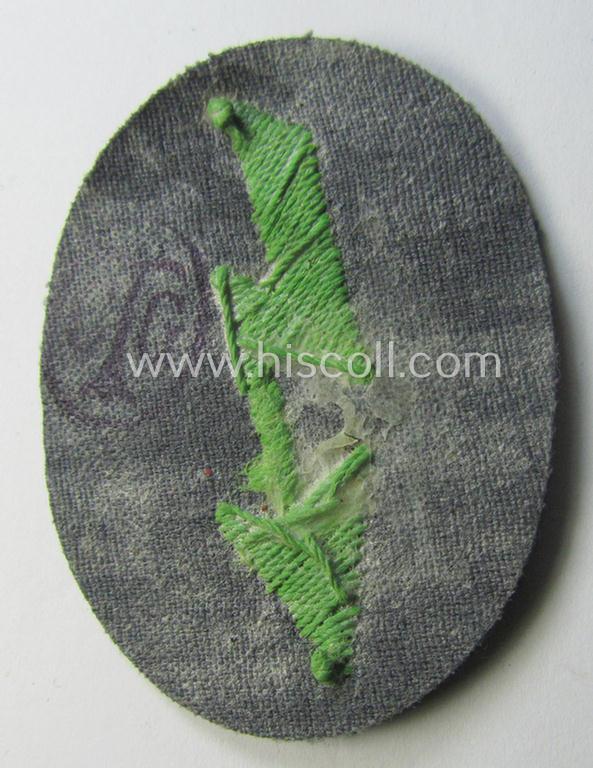 WH (Heeres) trade- and/or special-career-insignia ie. hand-embroidered 'signal-blitz' being a nicely maker- (ie. 'CTG'-) marked example as executed in bright-green linnen as was specifically intended for a soldier within the: 'Pz.-Gren.-Trpn.'