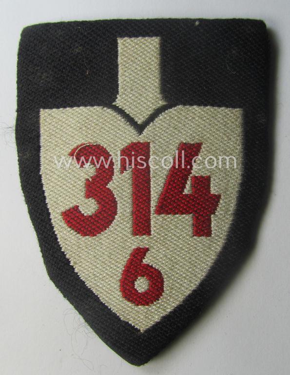 Truly used - and/or unsually confectioned! - RAD (ie. 'Reichsarbeitsdienst') EM-/NCO-pattern sleeve-badge (or: 'Dienststellenabzeichen') bearing the specialist- ie. unit-designation: '314/6'