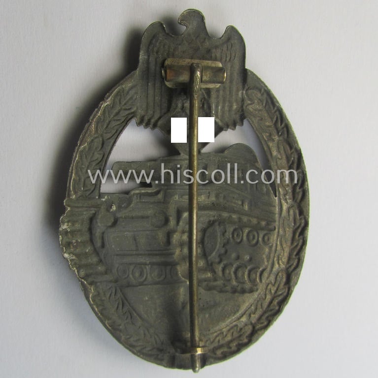 'Hollow'-styled, 'Panzerkampfabzeichen in Silber' (or: silver-class panzer-assault badge or PAB) being a detailed- and/or: zinc- (ie. 'Feinzink'-) based version as was procuced by the: 'B.H. Mayer'- (ie. 'Otto Schickle'-) company