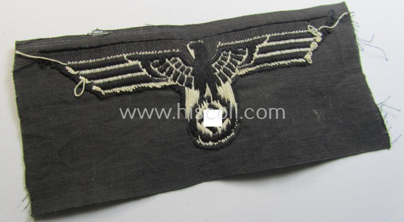 Neat, WH (Heeres) early- (ie. pre-) war-period- and/or white-coloured 'Panzer'-type breast-eagle of the so-called: 'M35'- (ie.'M36'-) pattern as was executed in the neat 'BeVo'-weave pattern on a black-coloured background