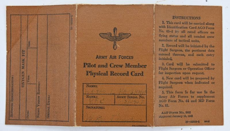 USAAF WW2 Pilot & Crew Physical Record Card