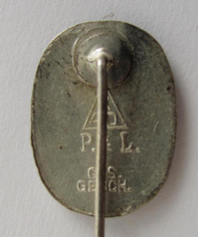Neat, multi-coloured- and/or enamelled lapel-pin (aka: 'RAD-Erinnerungsnadel') being a neatly maker- (ie. 'RAD - P&L'-) marked example as was intended for the: 'Reichsarbeitsdienst der Männer (RAD/M)' 
