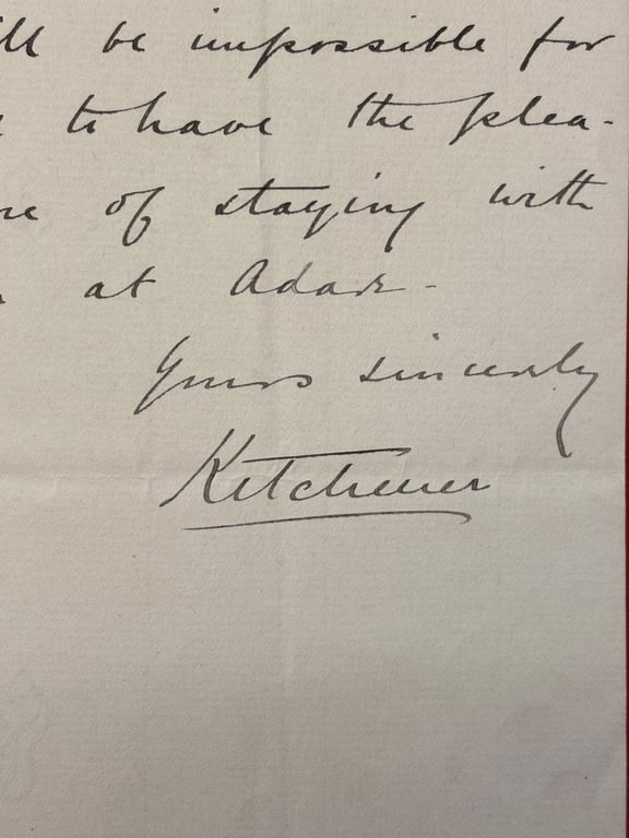 RARE DOUBLE INK SIGNED LETTER & ENVELOPE, BRITISH FIELD MARSHAL LORD KITCHENER 1910.