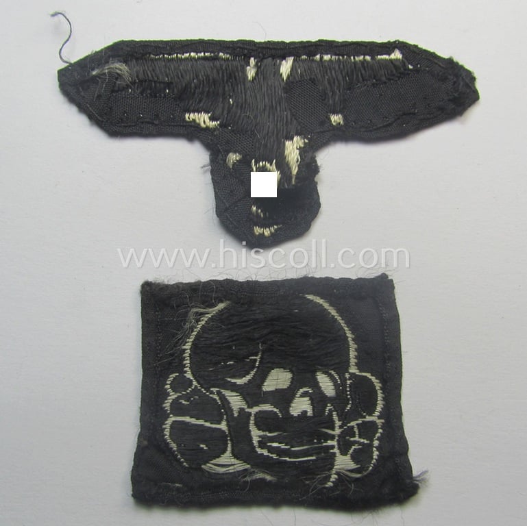 Superb - and nowadays rarely encountered! - Waffen-SS, 'BeVo'-woven-style skull- and cap-eagle-set (ie. 'Totenkopf- u. Adler-Effektensatz für Schiffchen o. Einheitsfeldmütze') that comes in a moderately used- and/or cap-removed, condition