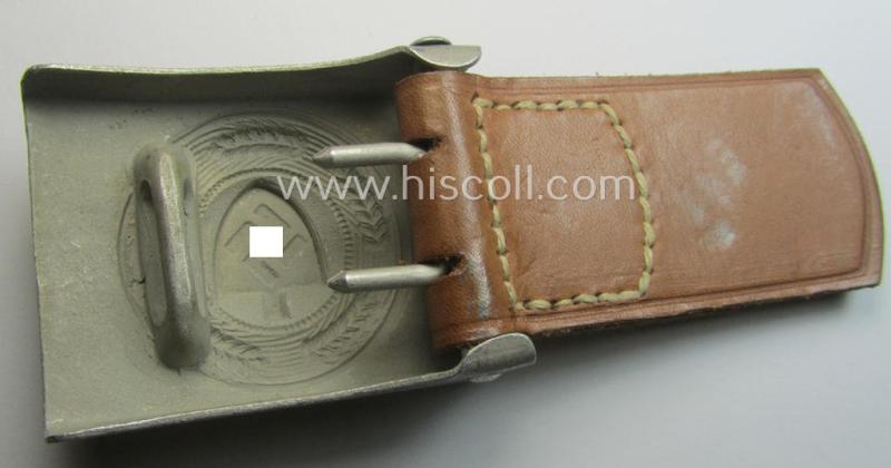 'Reichsarbeitsdienst'- (ie. RAD-) enlisted-mens'- (ie. NCO-) type belt-buckle being a maker- (ie. 'Friedrich Linden'-) marked example which is dated: '1938' and that comes mounted onto its leather-based tab