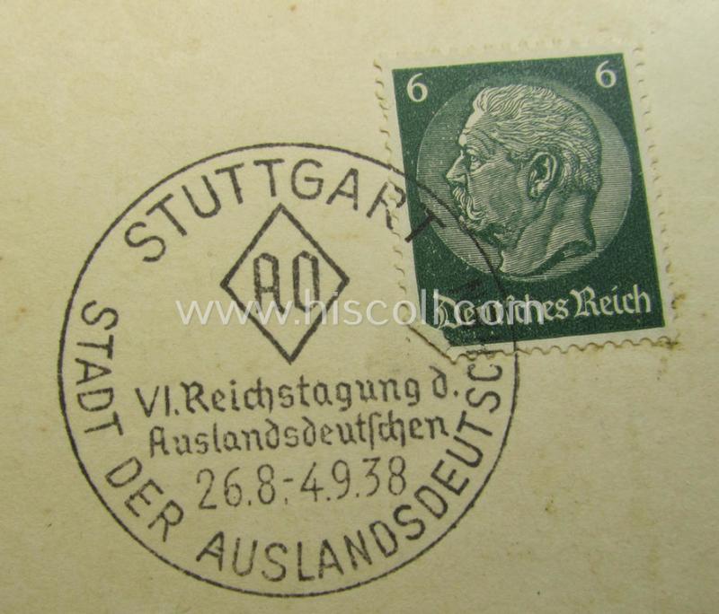 Neat - period, commemorative and colourful! - TR- (ie. 'N.S.D.A.P.-AO'- or: 'Auslandorganisation'-) related postcard entitled: 'VI. Reichstagung der Auslandsdeutchen - Stuttgart - 26. Aug. - 4. Sept. 1938'