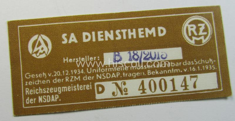 Interesting - and unusually found! - 'RzM'-etiket as was specifically intended for usage into the SA (ie. 'Sturmabteilungen') 'SA-Diensthemden' (or: shirts) and that comes in a 'virtually mint- ie. never used'-, condition