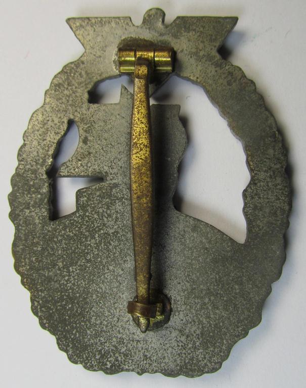 Attractive, WH (Kriegsmarine) 'Hilfskreuzer-Kriegsabzeichen' (or: auxiliary-cruiser war-badge) being a typical, non-maker-marked- and/or: 'Feinzink'-based example as was produced by the: 'S&L'-company