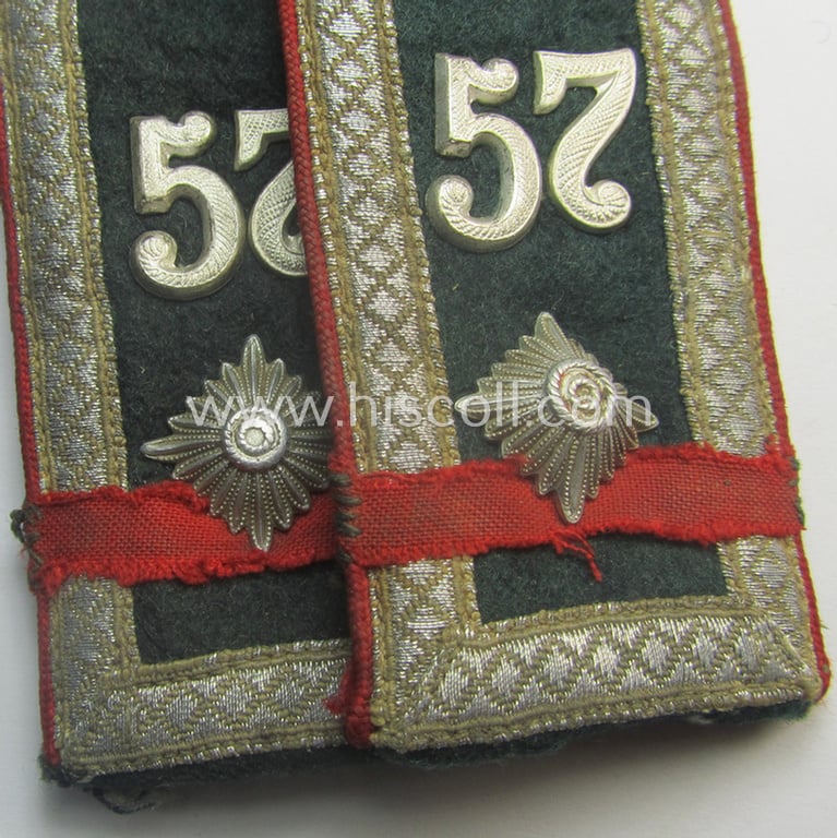 Pair of WH (Heeres) neatly 'cyphered', early-war-period- (ie. 'M40'-pattern, rounded-styled) NCO-type shoulderstraps as was intended for an: 'Owm. des Artillerie-Rgts. 57' (and showing a pair of red-toned, batallion-designator 'Laschen' attached)