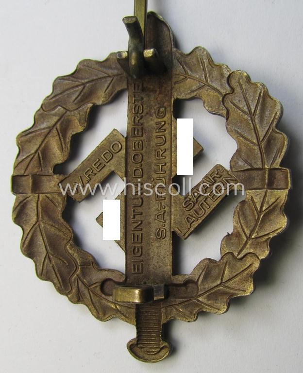 Neat - and just minimally used! - early- (ie. mid-) war period example of an: 'SA-Sportabzeichen in Bronze' being a nicely maker- (ie. 'W. Redo - Saarlautern'-) marked example that is void of an an impressed bearers'-number