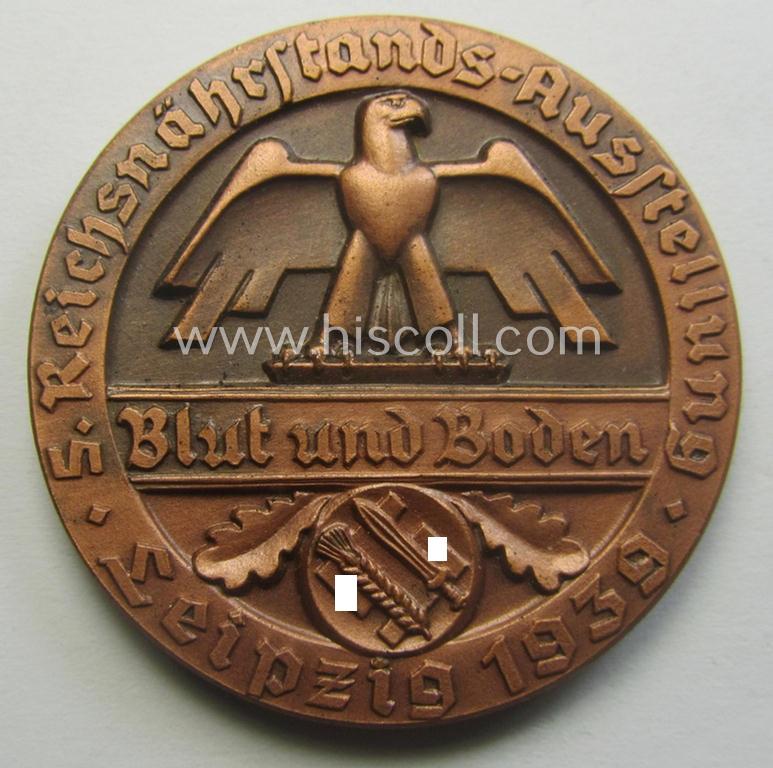 Reddish-bronze-toned, 'Reichsnährstand'- (ie. 'RNSt.'-) related, commemorative-award-plaque entitled: 'Reichsnährstands-Austellung - Blut und Boden - Leipzig 1939 - Lagerbutter' and that comes stored in its period etui