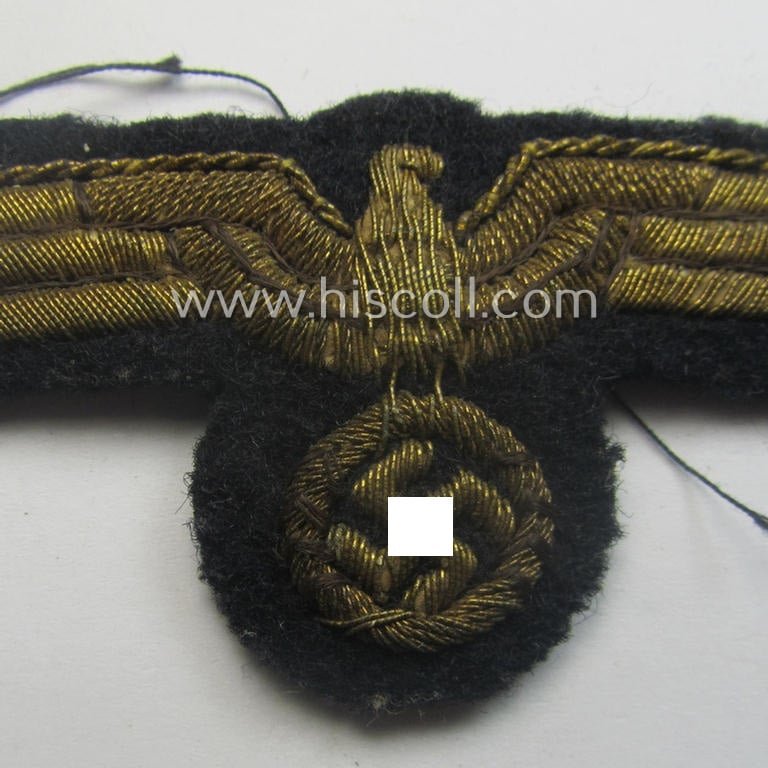Superb, WH (Kriegsmarine) officers'-type, hand-embroidered visor-cap-eagle (ie. 'Schirmmützenadler für Offiziere der KM') as intended for usage on the various naval, officers'-pattern visor-caps