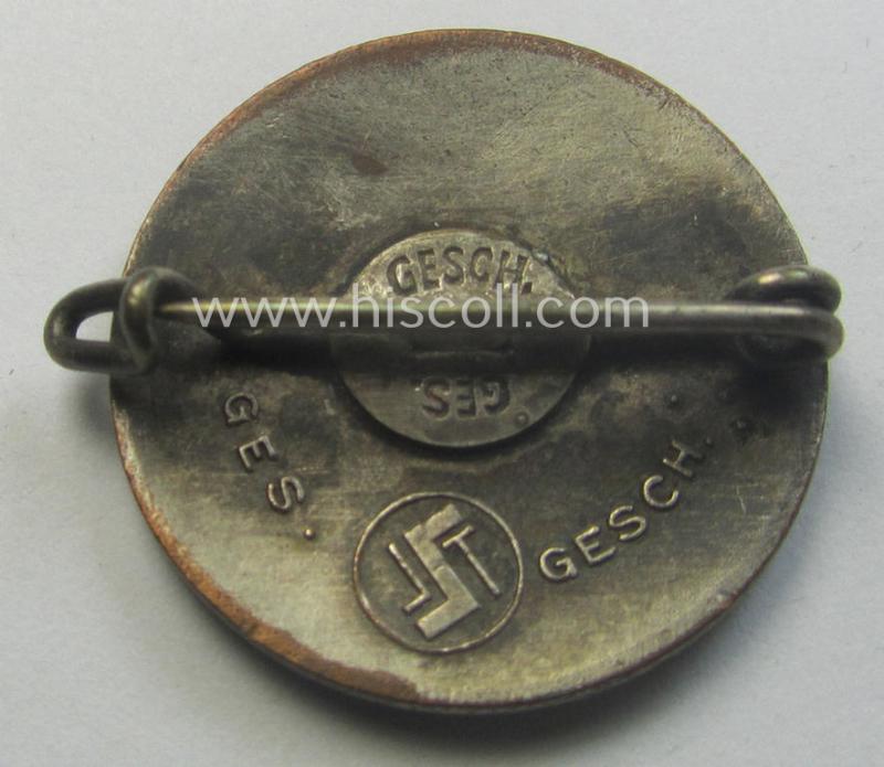 Very rarely found - and neatly enamelled- (bright-red-coloured) - so-called: 'Nat. Soc. Frauenschaft'-membership-lapel-pin (ie. party-badge or: 'Parteiabzeichen') which is nicely maker-marked on its back with the makers'-logo: 'S&L'