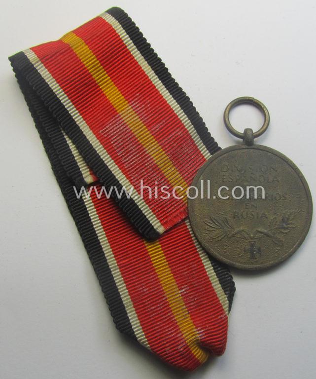 'Errinnerungsmedaille für die Spanischen Freiwilligen im Kampf gegen den Bolschevismus' being a (typical) non-maker-marked example that came mounted onto its (scarcely seen!) long-sized ribbon (ie. 'Bandabschnitt')