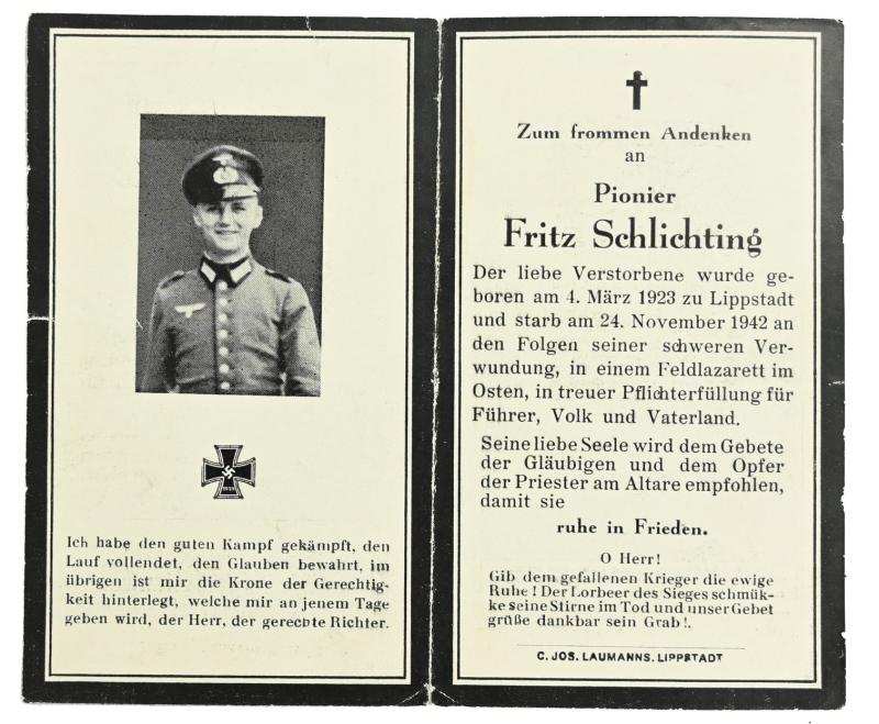 German WH Pioneer Deathcard 'Fritz Schlichting'
