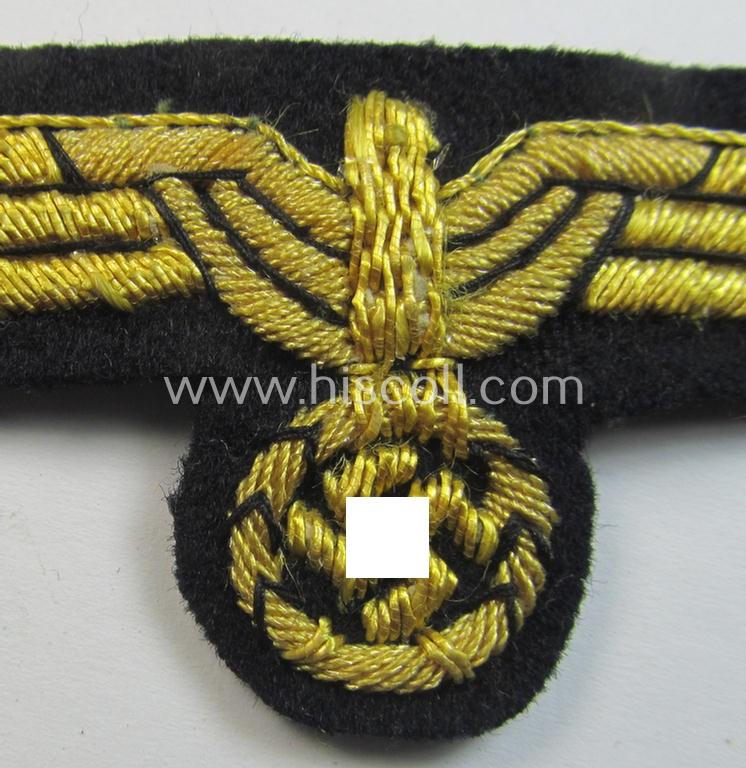 Attractive, WH (KM) officers'-type, hand-embroidered visor-cap-eagle (ie. 'Schirmmützenadler für Offiziere der KM') as was executed in bright-golden-coloured braid as was intended for usage on the various naval, officers'-pattern visor-caps