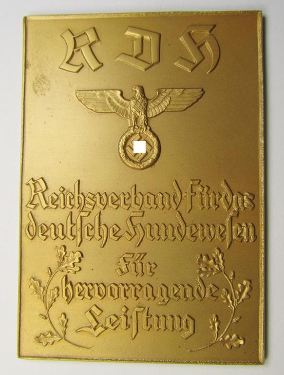 Bright-golden-toned- (ie. 'Feuervergoldeter') so-called: 'Reichsverband für das Deutsche Hundenwesen' (ie. RDH-) related, commemorative-plaque entitled: 'Für hervorragende Leistung' that comes stored in its period etui