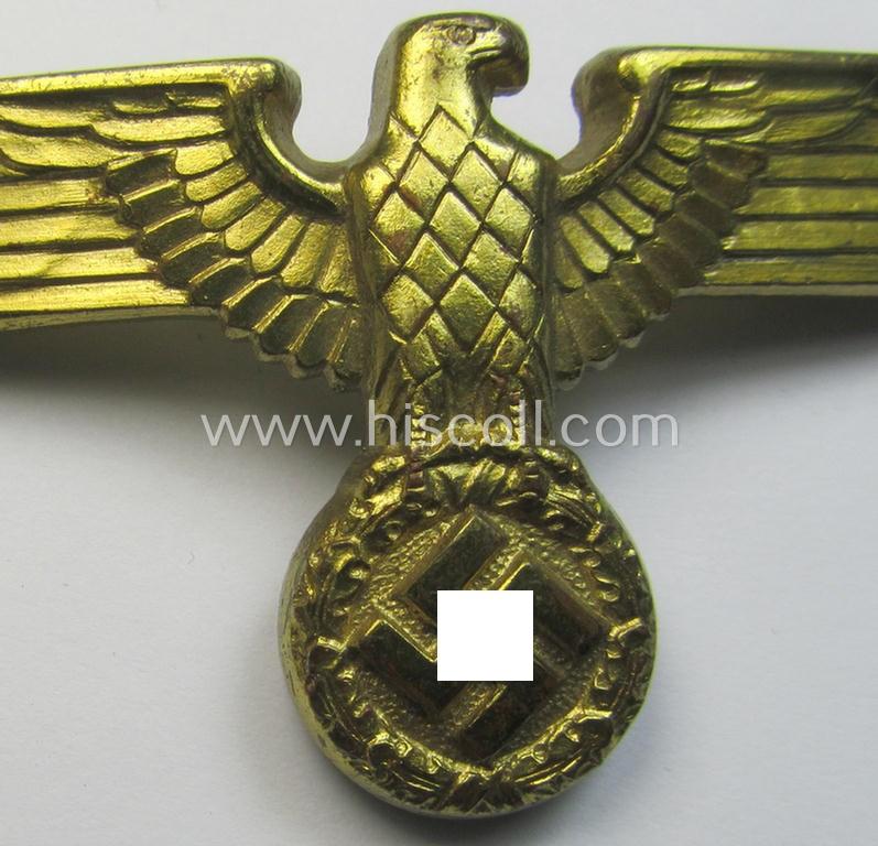 Attractive - bright-golden-toned- and/or: typical 'Feinzink'-based (political-style) visor- (ie. 'Schirmmützen'-) cap-eagle being a detailed example that is neatly: 'RzM' and/or 'M1/16' marked on its back