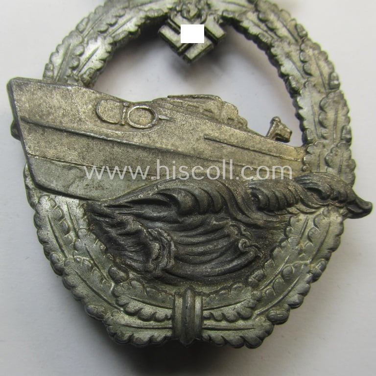 Superb, WH (Kriegsmarine) so-called: 'Kriegsabzeichen für Schnellboote - 2. Modell' (or: E-boat-war-badge of the 2nd model) being a maker- (ie. 'Fec. W.E. Peekhaus'-) marked example as was produced by the: 'Schwerin'-company
