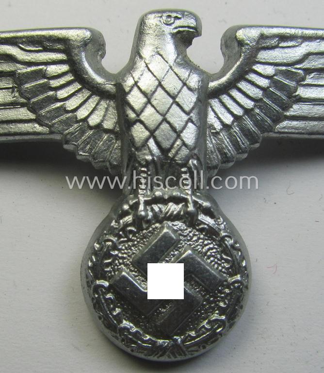 Bright-silver-coloured- and/or: zinc- (ie. 'Feinzink'-) based (political-style) visor- (ie. 'Schirmmützen'-) cap-eagle being a detailed example that is neatly: 'RzM' and/or: 'M1/24' marked