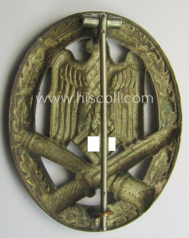 Attractive - and moderately used- ie. worn! - 'Allgemeines Sturmabzeichen' (or: General Assault Badge ie. GAB) being a (typical) unmarked 'Buntmetall'-based and/or scarcely seen 'hollow-back'-version as produced by the: 'Otto Schickle'-compan...