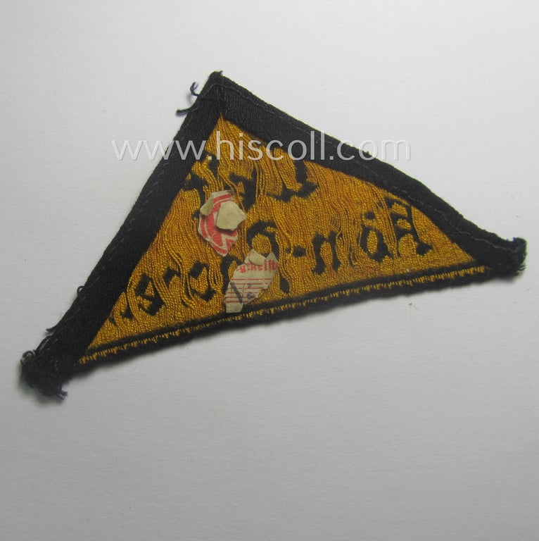 Truly worn, 'HJ' ('Hitlerjugend') district-triangle (ie. 'Gebietsdreieck') entitled: 'West Köln-Aachen' (being a clearly used- ie worn example that regrettably misses its 'RzM'-etiket)