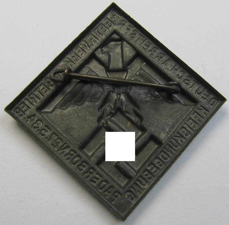 Golden-bronze-toned, (I deem) N.S.D.A.P.-related- (and fairly early-period!) day-badge (ie. 'tinnie') as was issued to commemorate a gathering entitled: 'Kreisführerschule Hans Huebenett - Brieg - 23. Juni 1934'