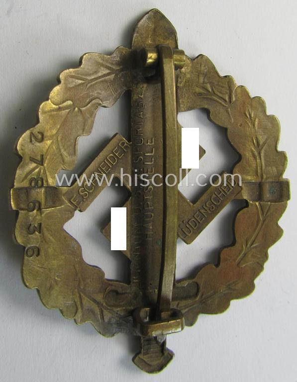 Attractive, early- (ie. pre-) war-period 'SA Sportabzeichen in Bronze' being a nicely maker- (ie. 'E. Schneider'-) marked example that bears a unique, stamped bearers'-number that reads: '278636' on its back