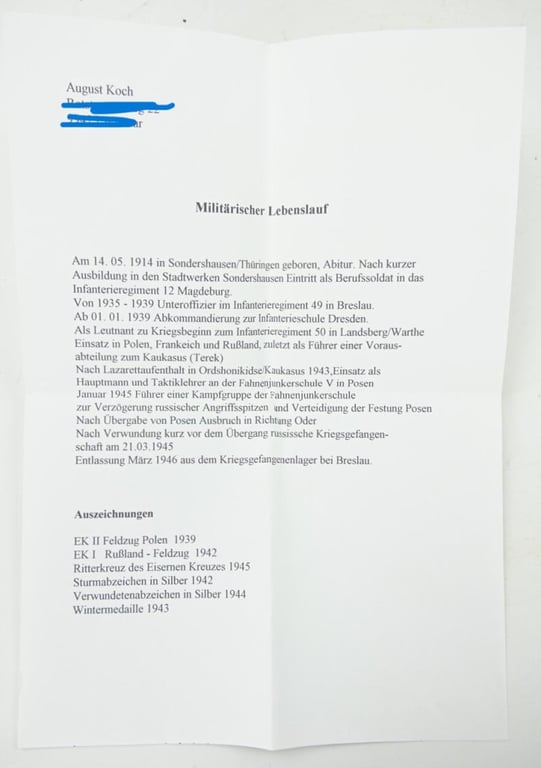 Signature of Wehrmacht Heer KC Recipient 'August Koch'