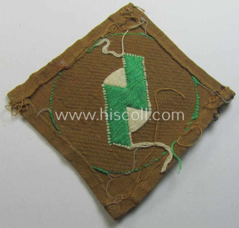 DJ (ie. 'Deutsches Jungvolk') arm-badge as was specifically intended for usage by a member who served within the: 'Oberbann 3' (being a moderately used- and carefully shirt-removed example that is void of an 'RzM'-etiket)