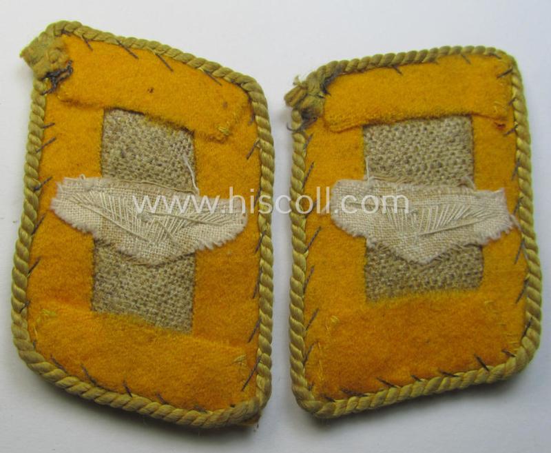 Very unususal - and actually never before by me encountered! - pair of WH (LW) hand-embroidered- and golden-yellow piped EM- (ie. NCO-) type collar-patches (ie. 'Kragenspiegel') 'Flieger- o. Fallschirmjäger'