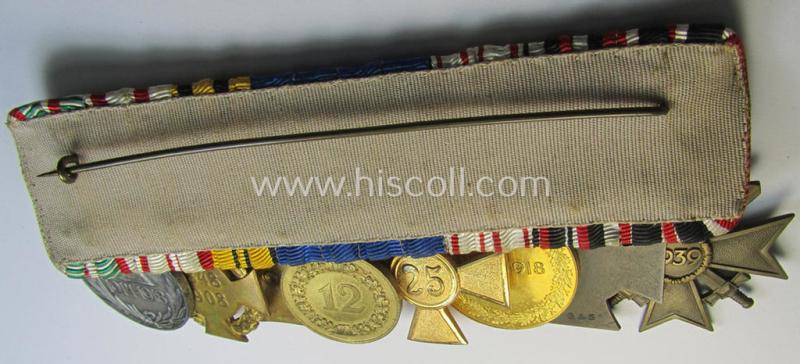 Superb, 8-pieced WWI- ie. TR-period medal-bar (ie. 'Ordenspange') showing resp. a: 'KvK II.Kl. m. Schw.',a: FKK 1914-18 o. Schw.', two: WH (Heeres) 'DA' (of the: '1. u. 3. St.') and four Austrian WWI-commemorative- ie. service medals