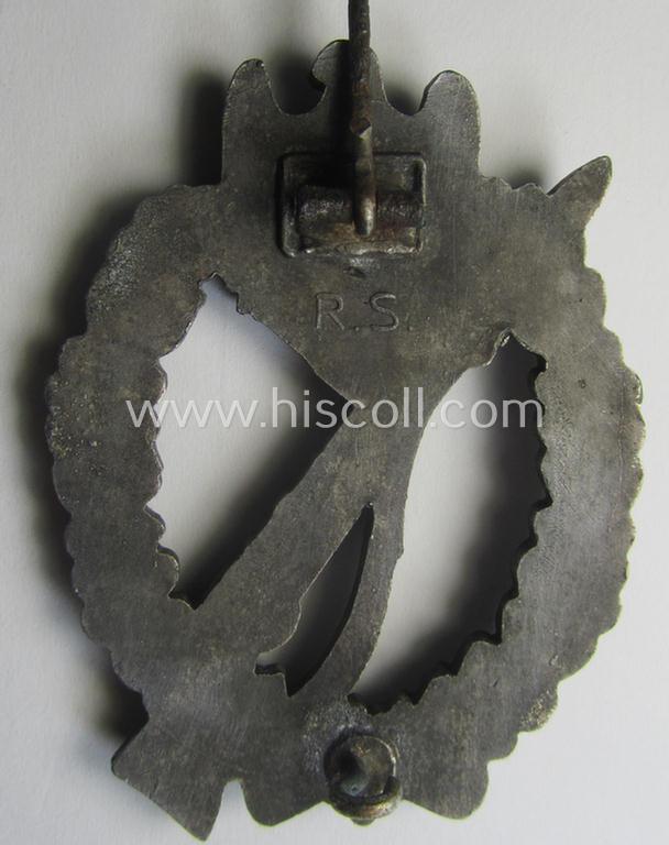'Variant'-pattern, zinc- (ie. 'Feinzink'-) based example of an: 'Infanterie-Sturmabzeichen in Silber' being a maker- (ie. 'R.S.'-) marked example as produced by the Austrian maker (ie. 'Hersteller') 'Rudolf Souval' based in Wien (Vienna)