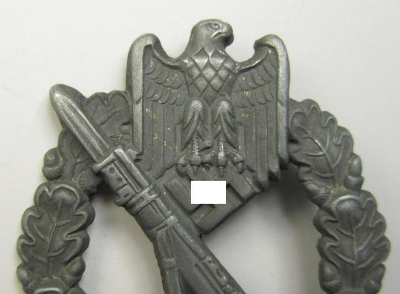 Superb, 'hollow-back' 'Infanterie Sturmabzeichen in Silber' (or: silver infantry assault badge ie. IAB) being a non-maker-marked example as executed in zinc-based metal (ie. 'Feinzink') as was produced by the: 'Wilh. Deumer'-company