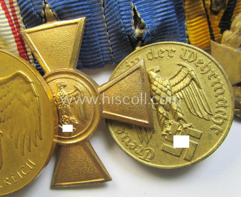 Superb, 8-pieced WWI- ie. TR-period medal-bar (ie. 'Ordenspange') showing resp. a: 'KvK II.Kl. m. Schw.',a: FKK 1914-18 o. Schw.', two: WH (Heeres) 'DA' (of the: '1. u. 3. St.') and four Austrian WWI-commemorative- ie. service medals