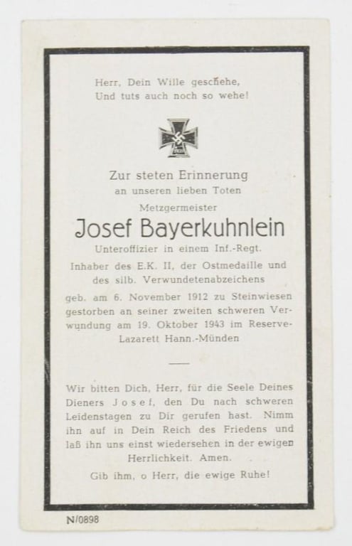 German WH Deathcard 'Josef Bayerkuhnlein'